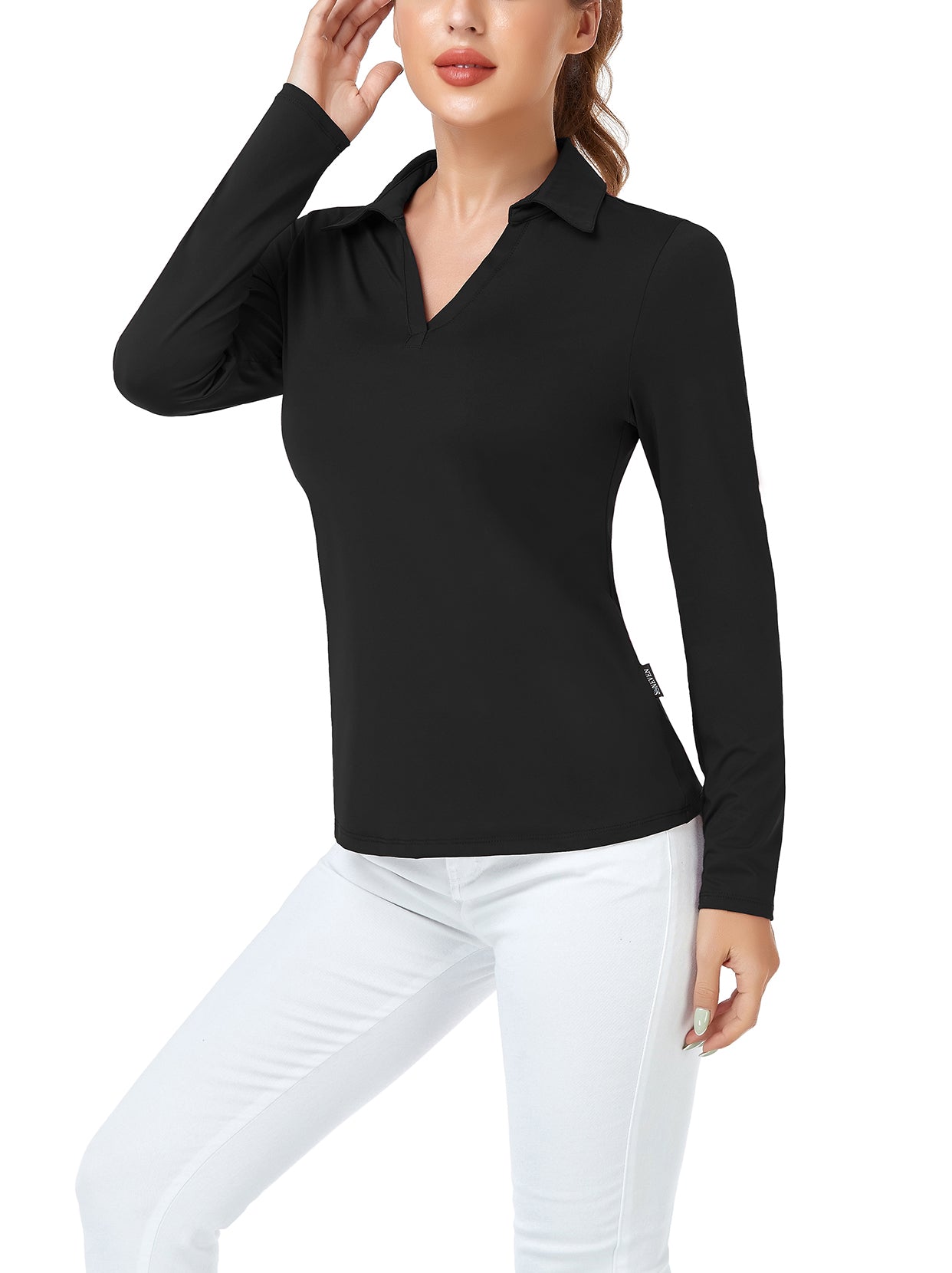 Solid Black V-Neck Long-sleeve Golf Shirt for Women | Soneven