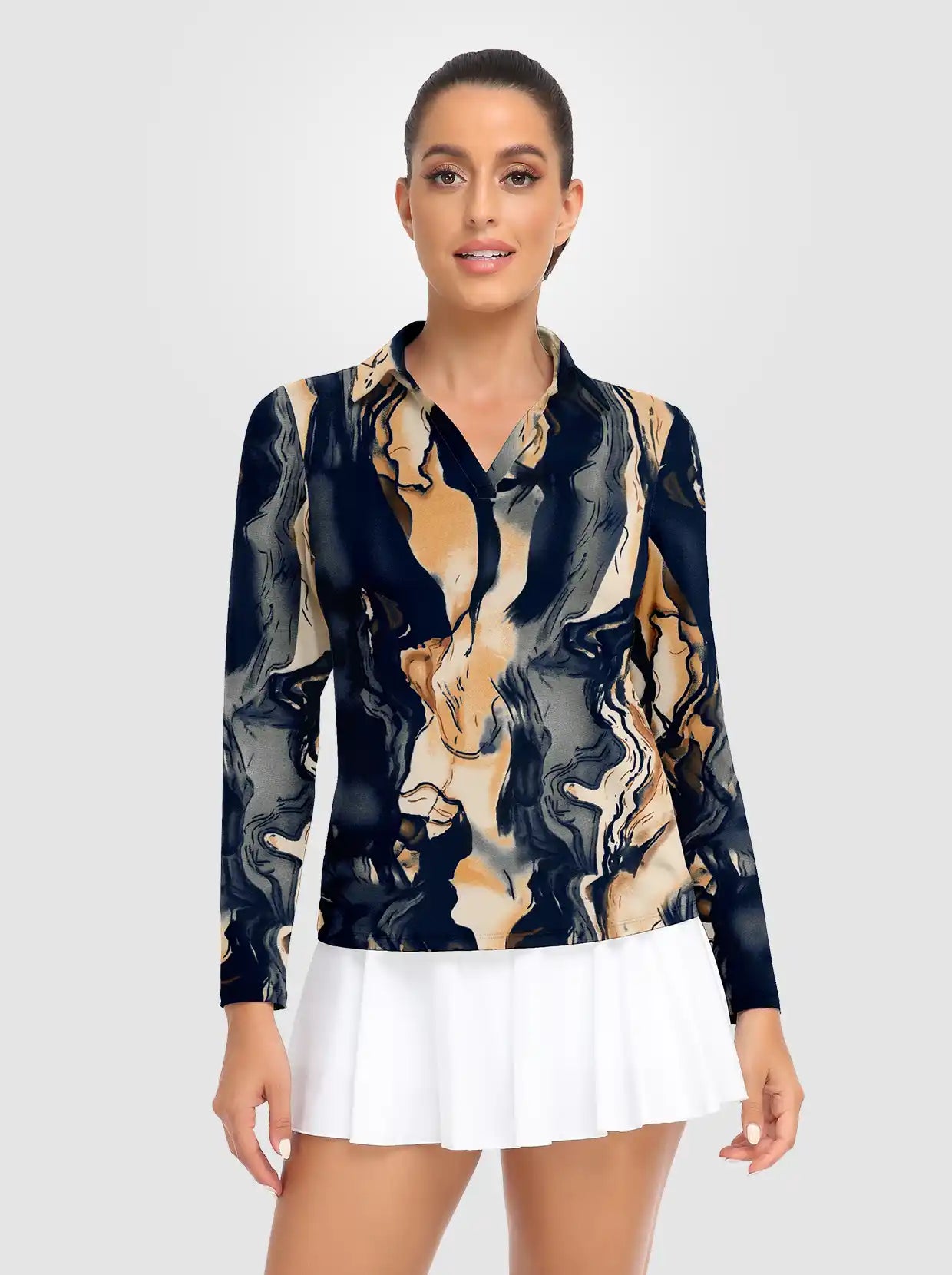 Blue Crack V-Neck Long-sleeve Polo Shirt for Women