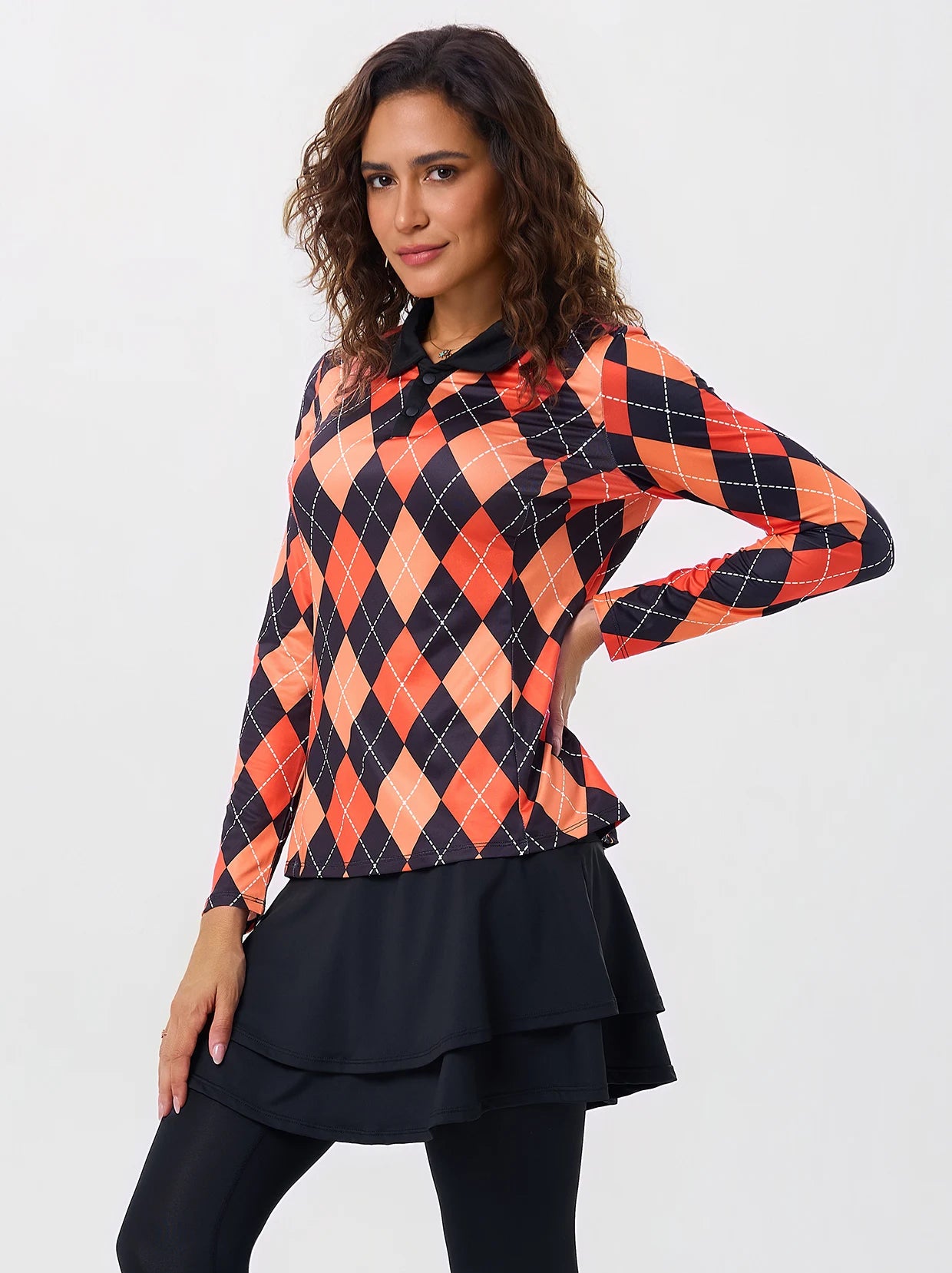 Orange and Black Argyle V-Neck Long Sleeve Polo For Women