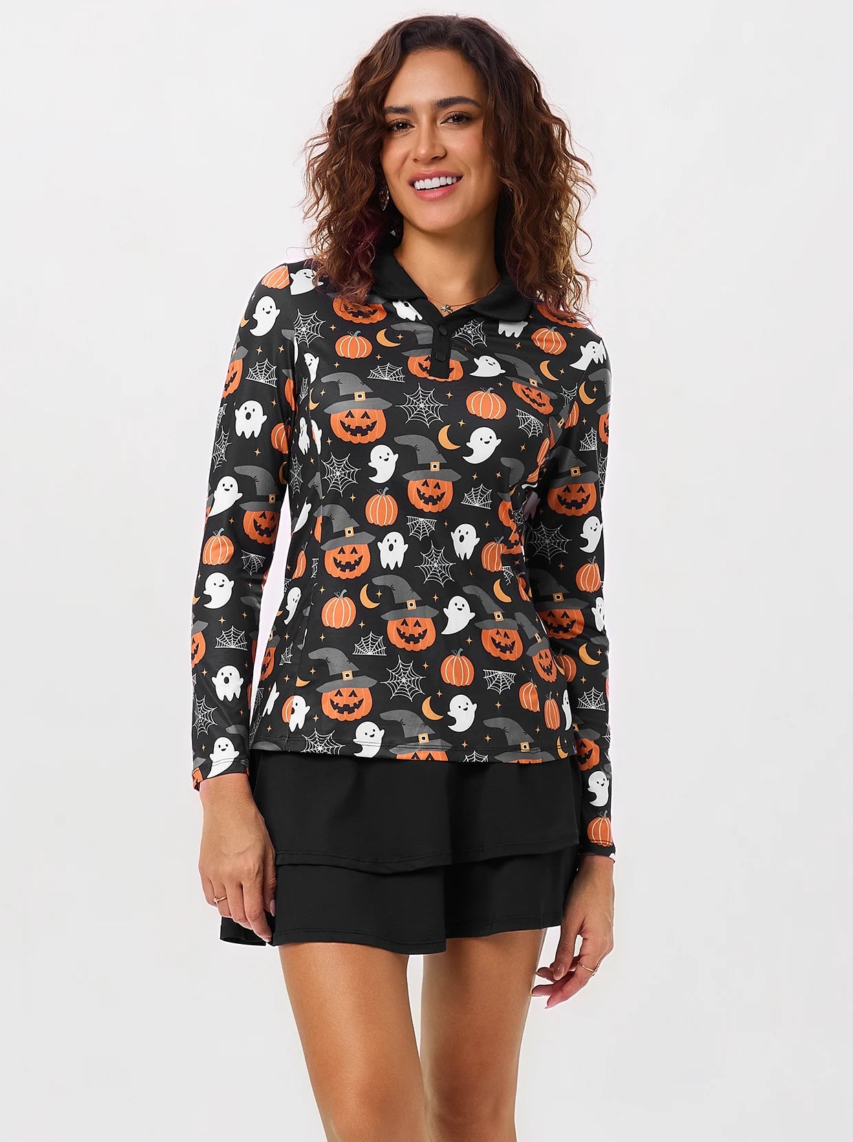 Halloween Pumpkin Ghost V-neck Long Sleeve Polo for Women