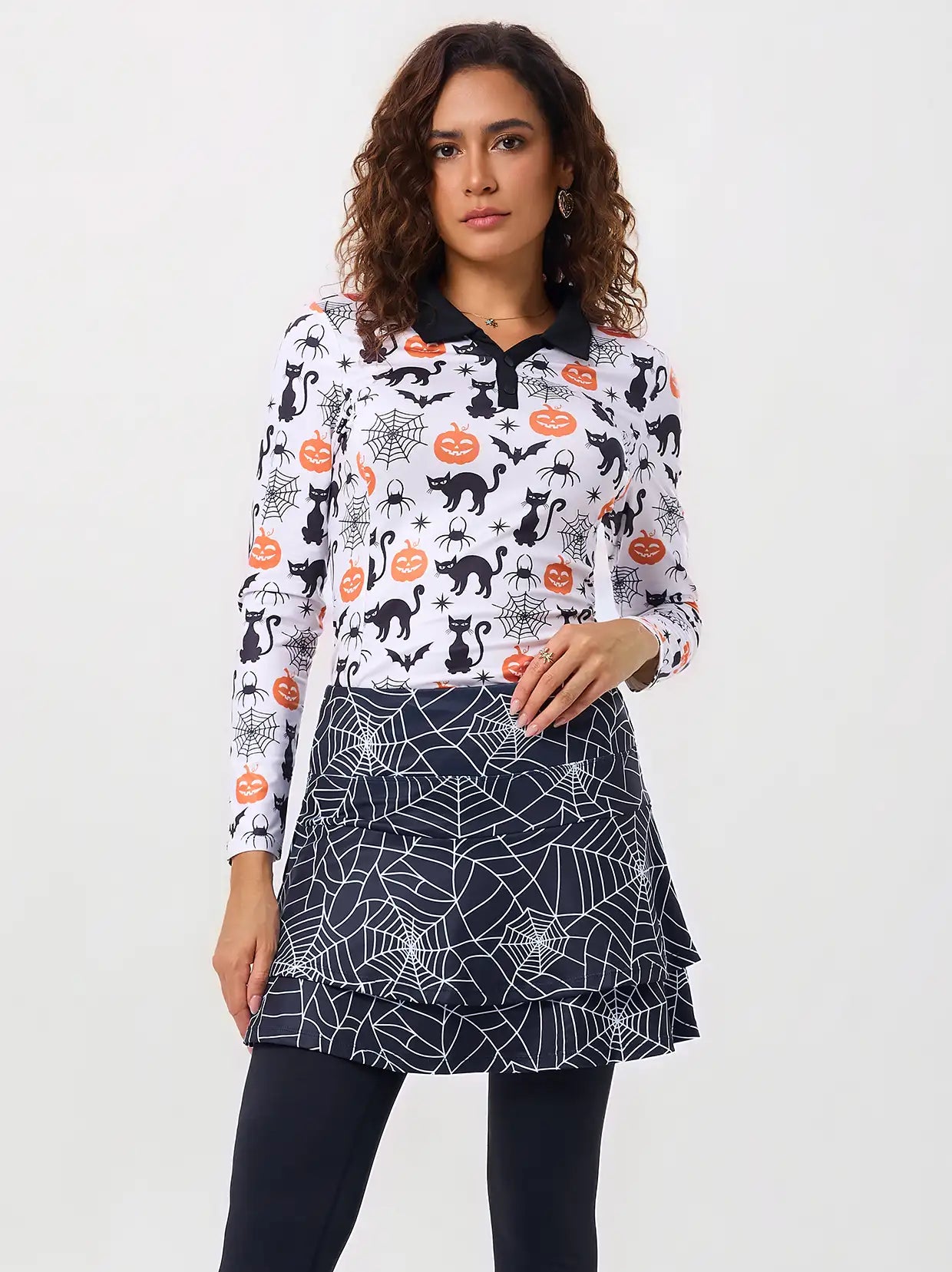 Halloween Pumpkin and Cat V-Neck Long Sleeve Polo for Women