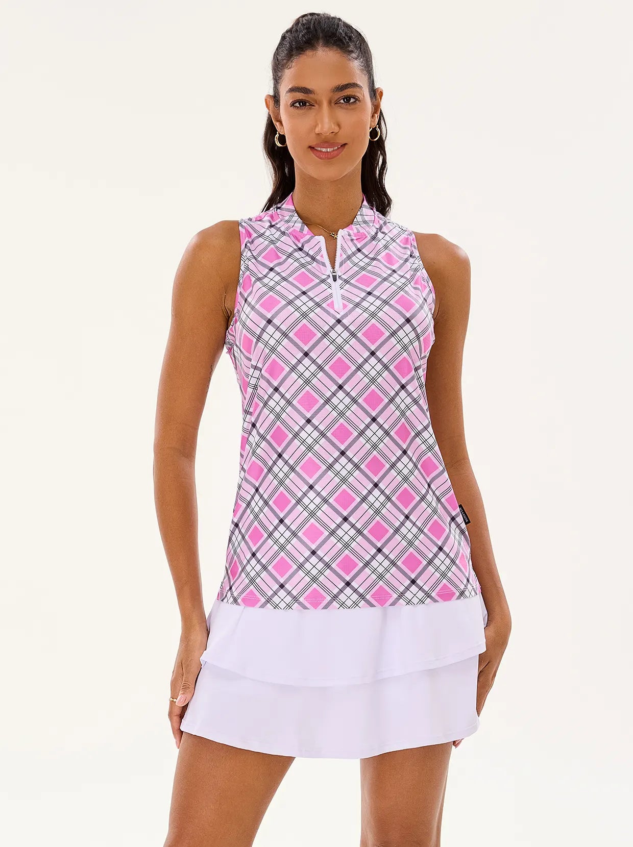 Pink and White Checkerboard Racerback Quarter-zip Sleeveless Shirt