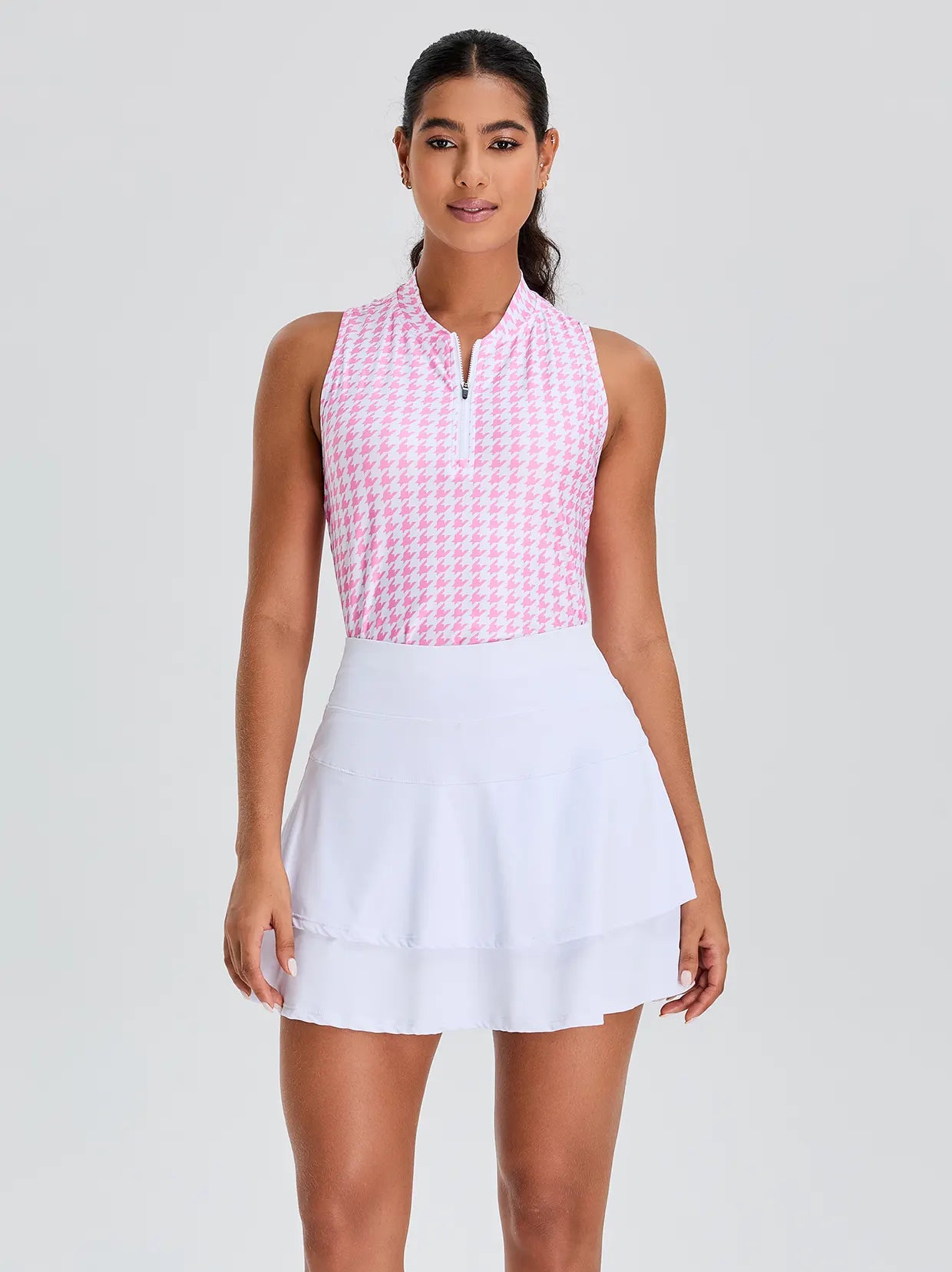 Pink Houndstooth Quarter-zip Racerback Sleeveless Shirt For Women