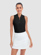Solid Black Racerback Quarter-zip Sleeveless Shirt For Women