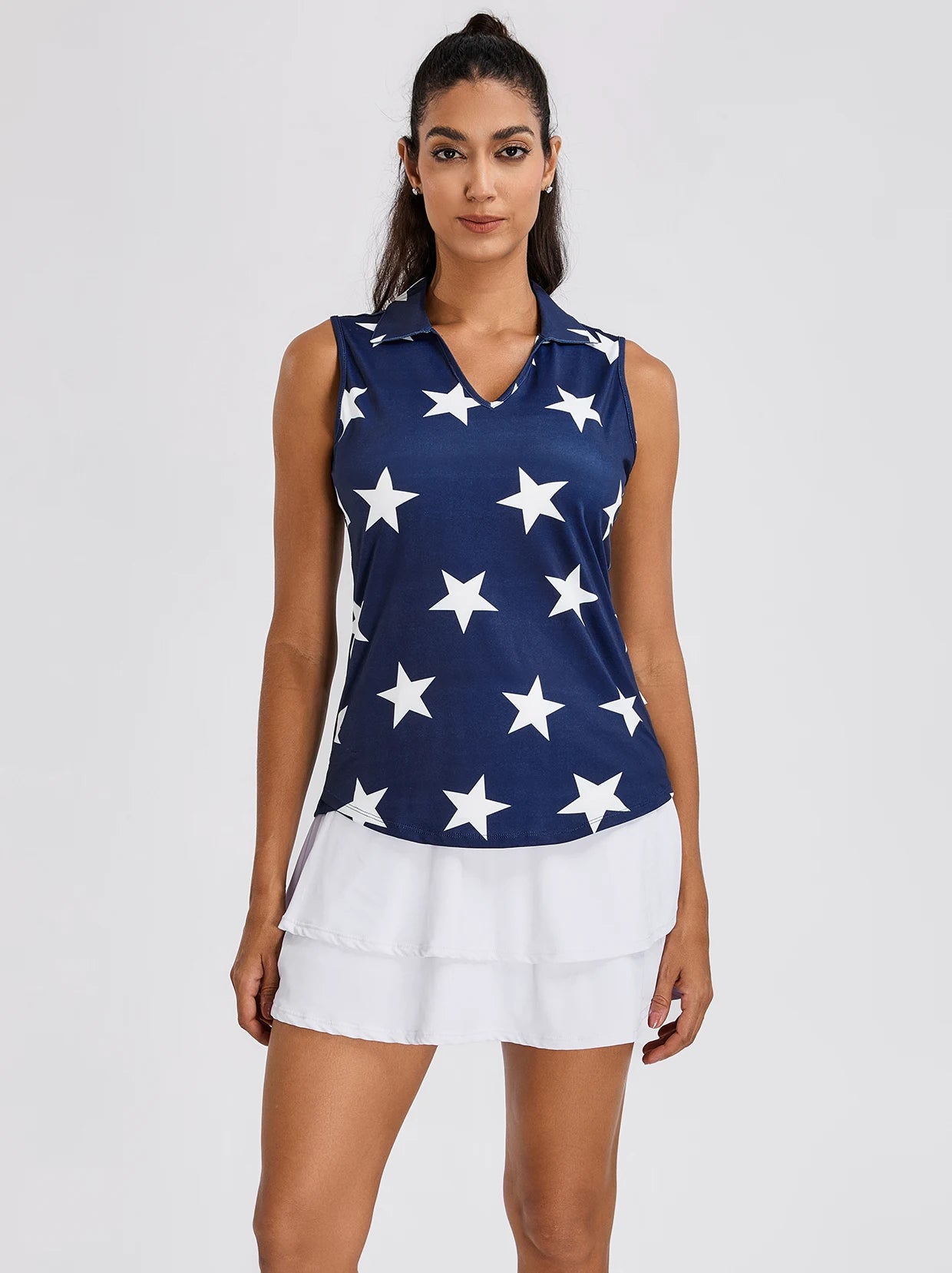 White Stars on Dark Blue Background V-neck Sleeveless Polo Shirt