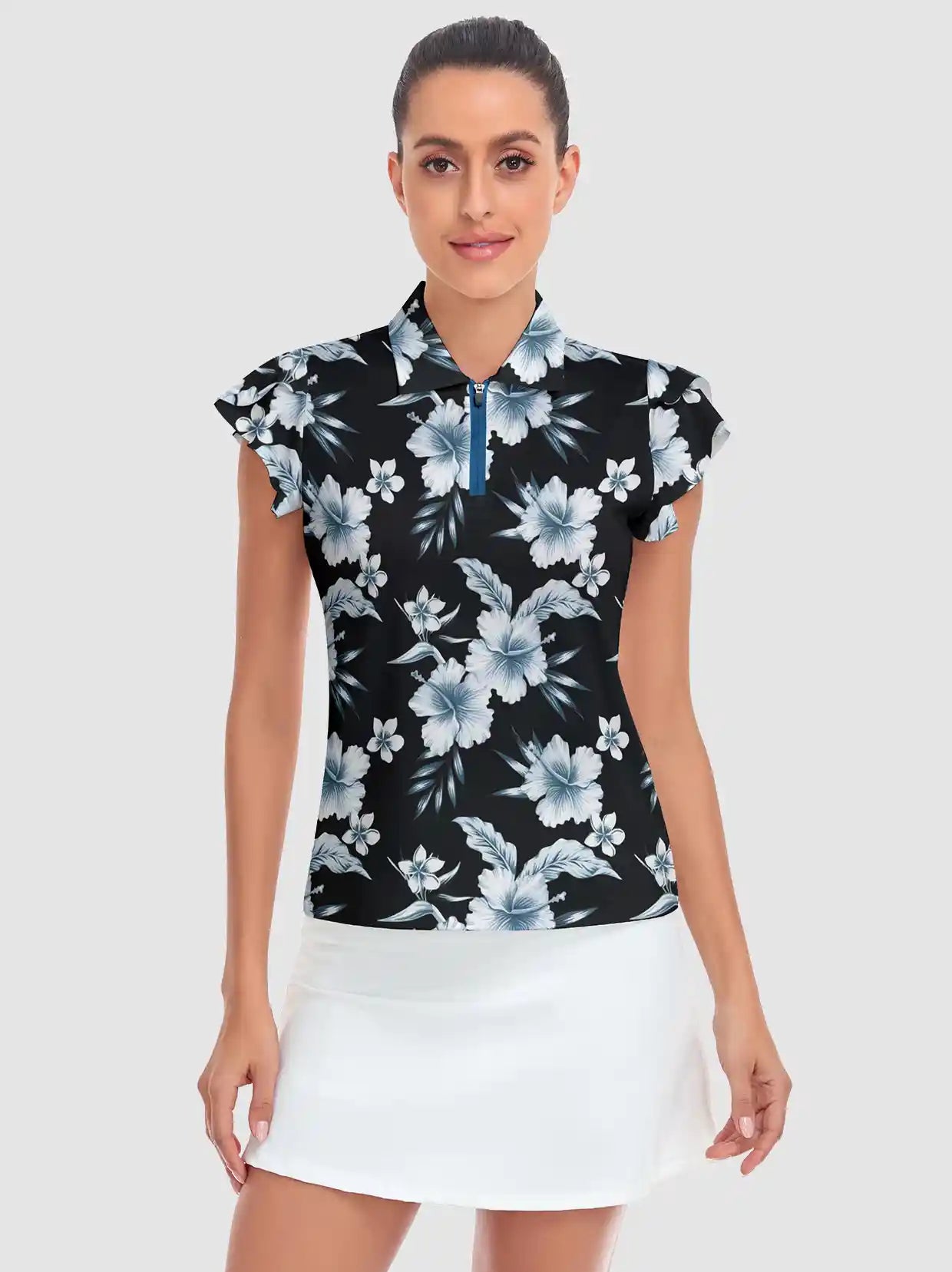Floral Petal Ruffle Sleeve Quarter-Zip Golf Shirt For Women