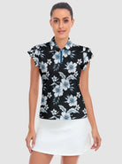 Floral Petal Ruffle Sleeve Quarter-Zip Golf Shirt For Women