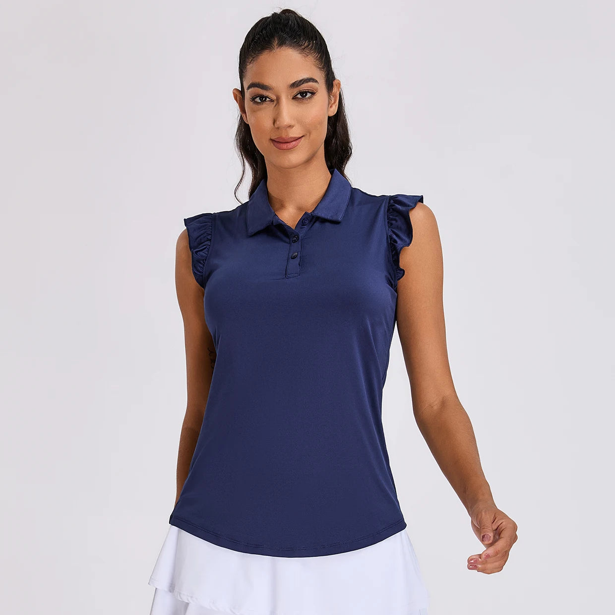 Button-Placket Ruffled Sleeveless Polo Shirt