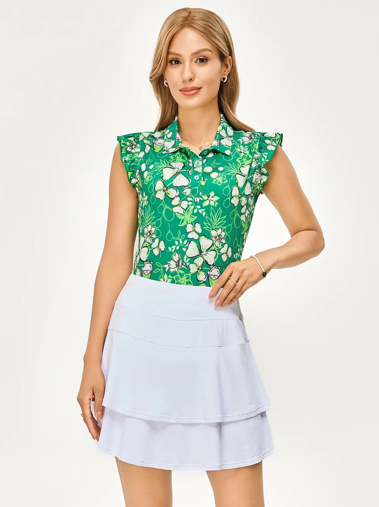 Shamrock and Floral Ruffed Sleeveless Polo Shirt