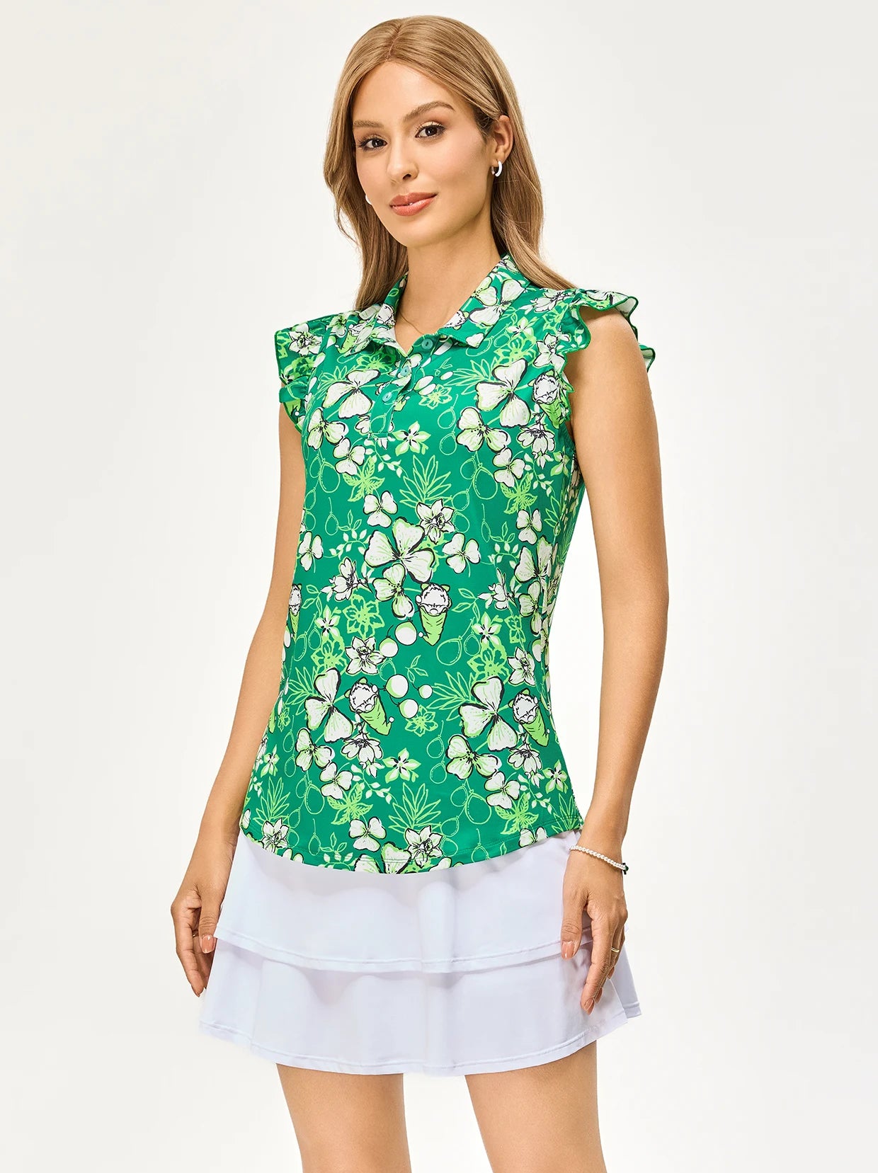 Shamrock and Floral Ruffed Sleeveless Polo Shirt