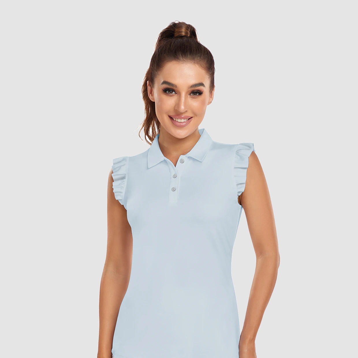 Button-Placket Ruffled Sleeveless Polo Shirt