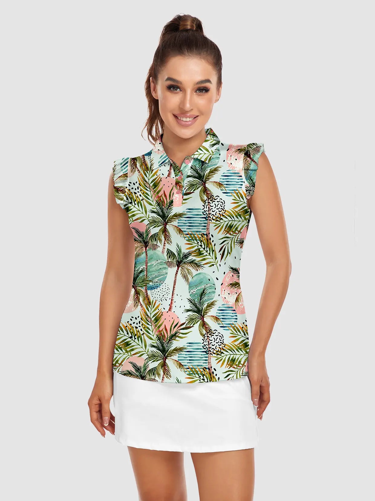 Summer Palm Trees Ruffled Sleeveless Polo Shirts