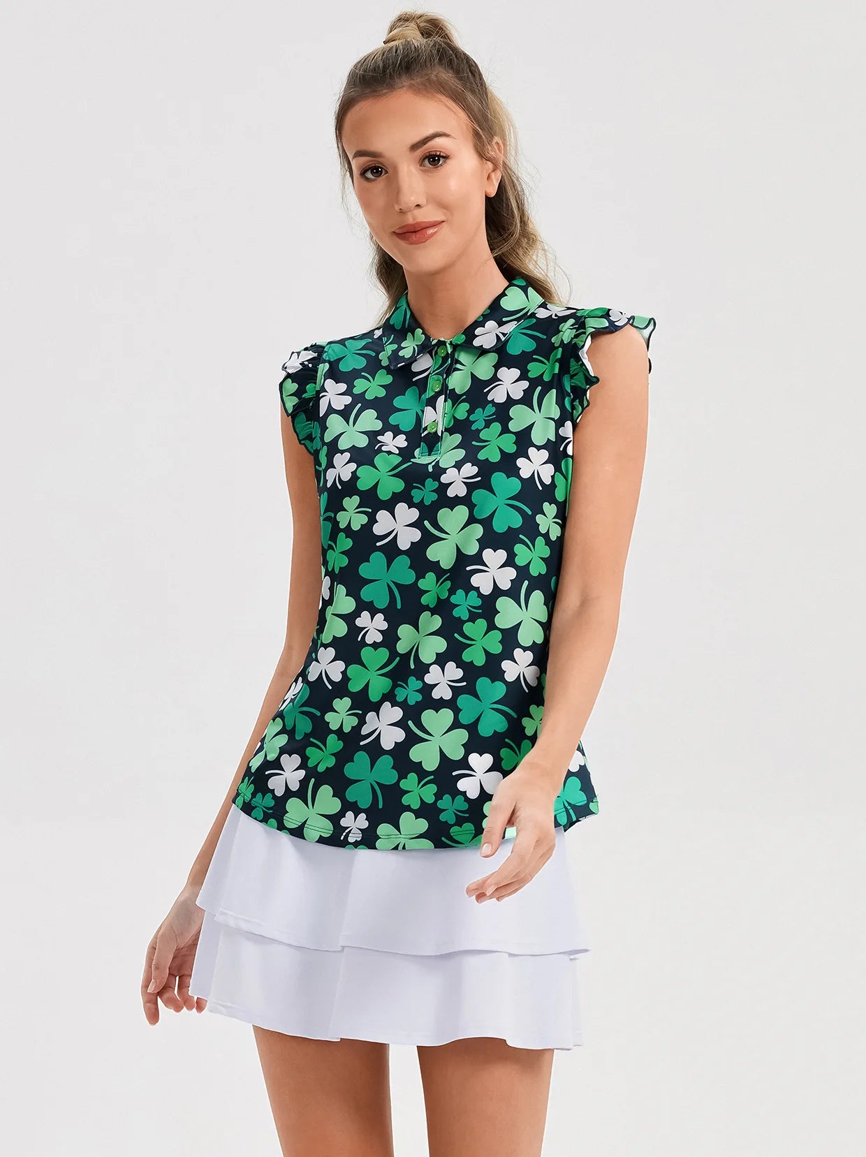 Green Shamrock Ruffled Sleeveless Polo Shirt For Women