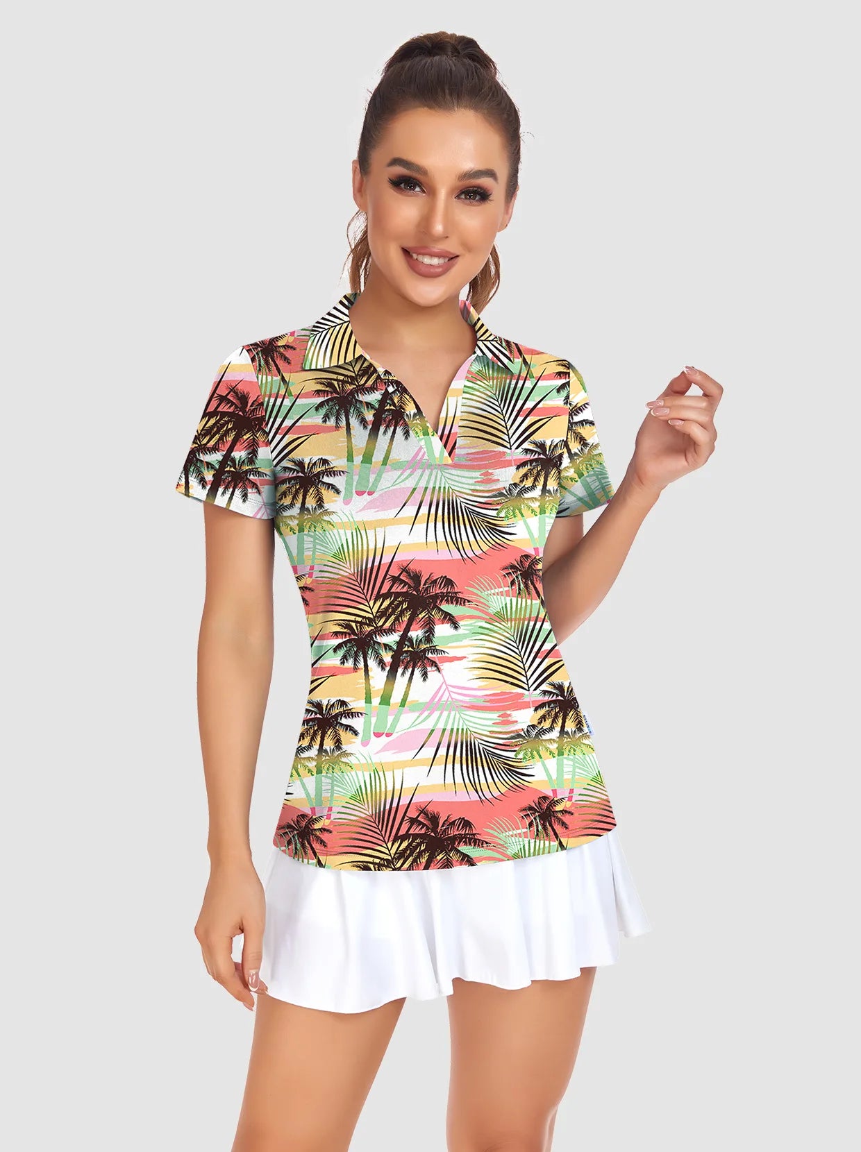Brown Coconut Tree on Color Background V-neck Short-sleeve Golf Polo for Women