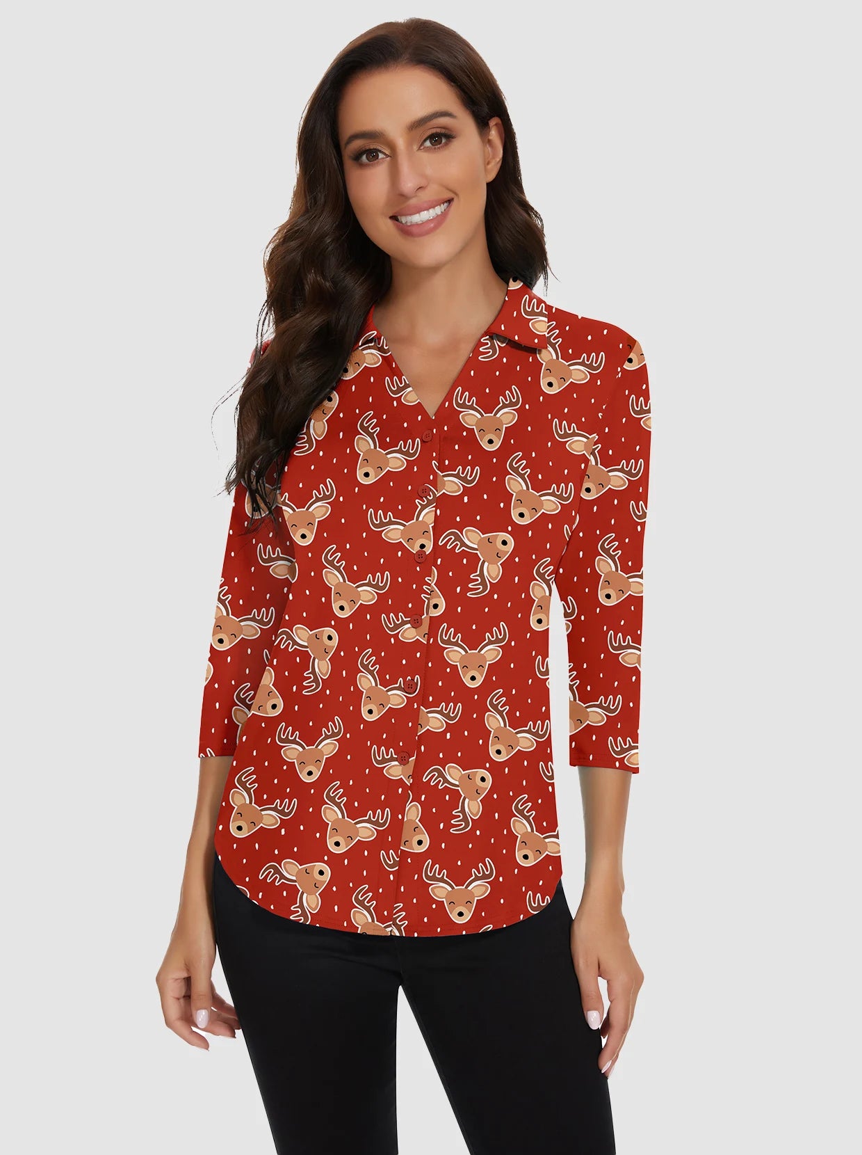 Christmas Reindeer V-Neck Button Down 3/4 Sleeve Shirt for Women