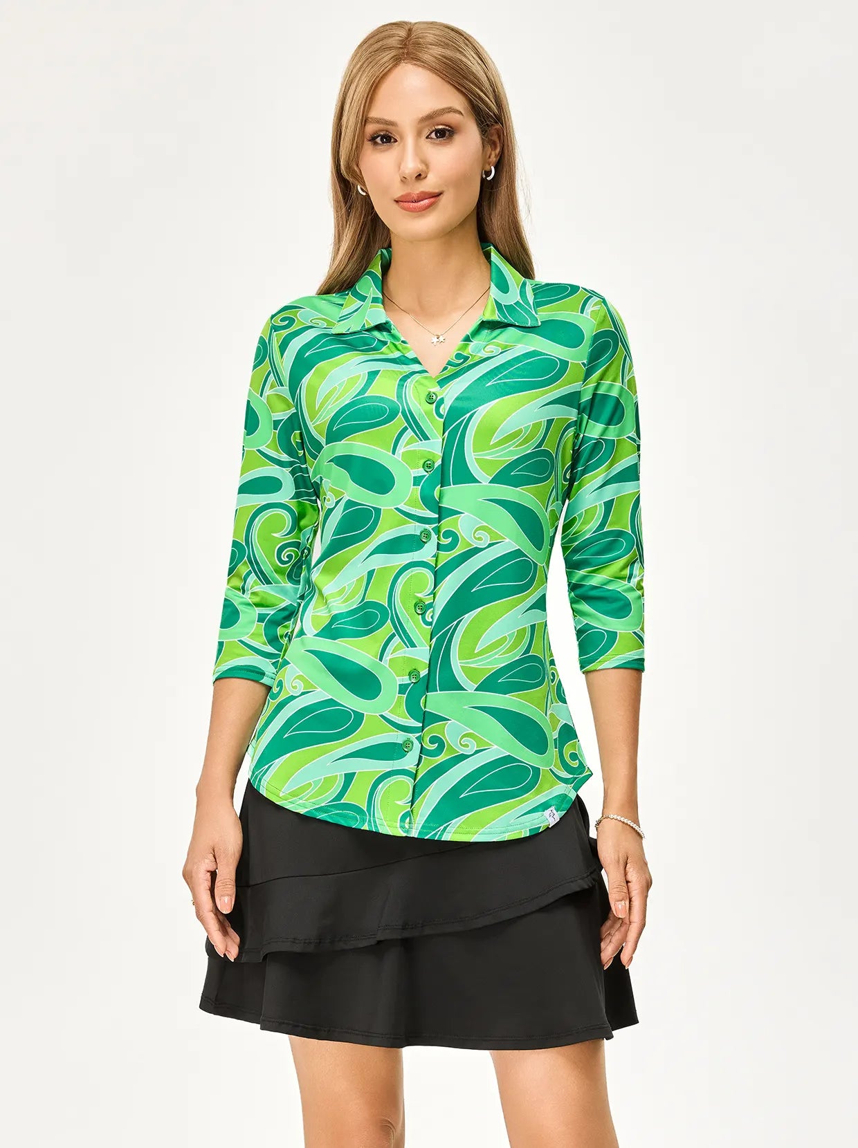 Green Print V-neck Button-Down 3/4 Sleeve Polo Shirt