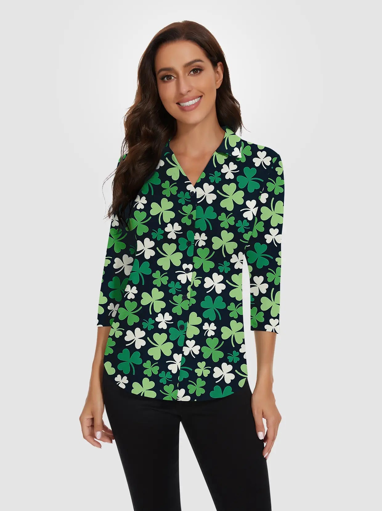 Green Clover V-neck Button-Down 3/4 Sleeve Polo Shirt