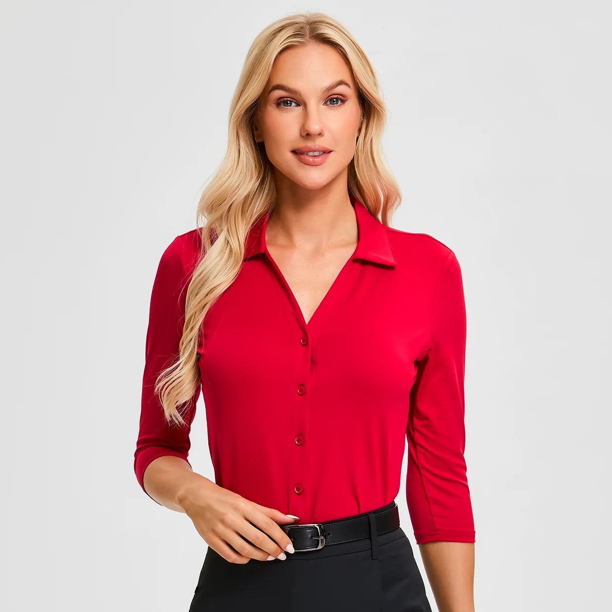 Solid Red V-neck Button-Down 3/4 Sleeve Shirt For Women