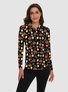 Pumpkin Print Button-down Long-sleeve Polo Shirt for Women