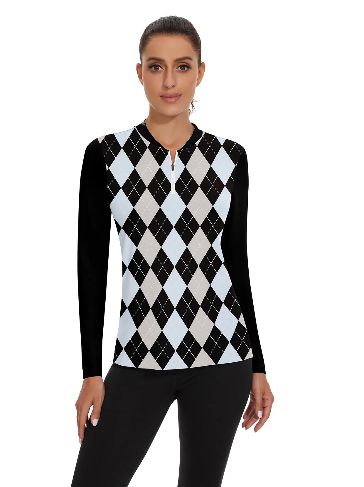 Blue and Black Checkerboard Quarter-Zip Long-sleeve Shirt for Women
