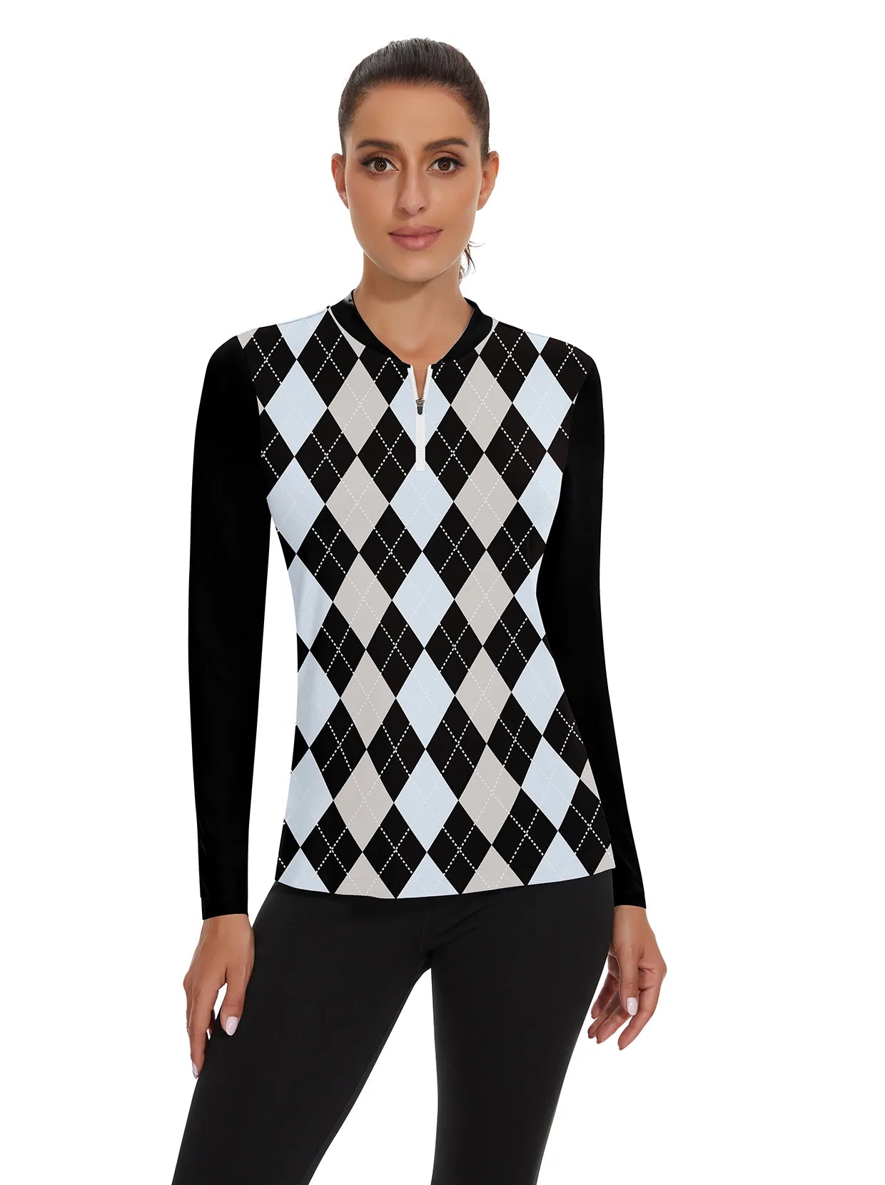 Blue and Black Checkerboard Quarter-Zip Long-sleeve Shirt for Women