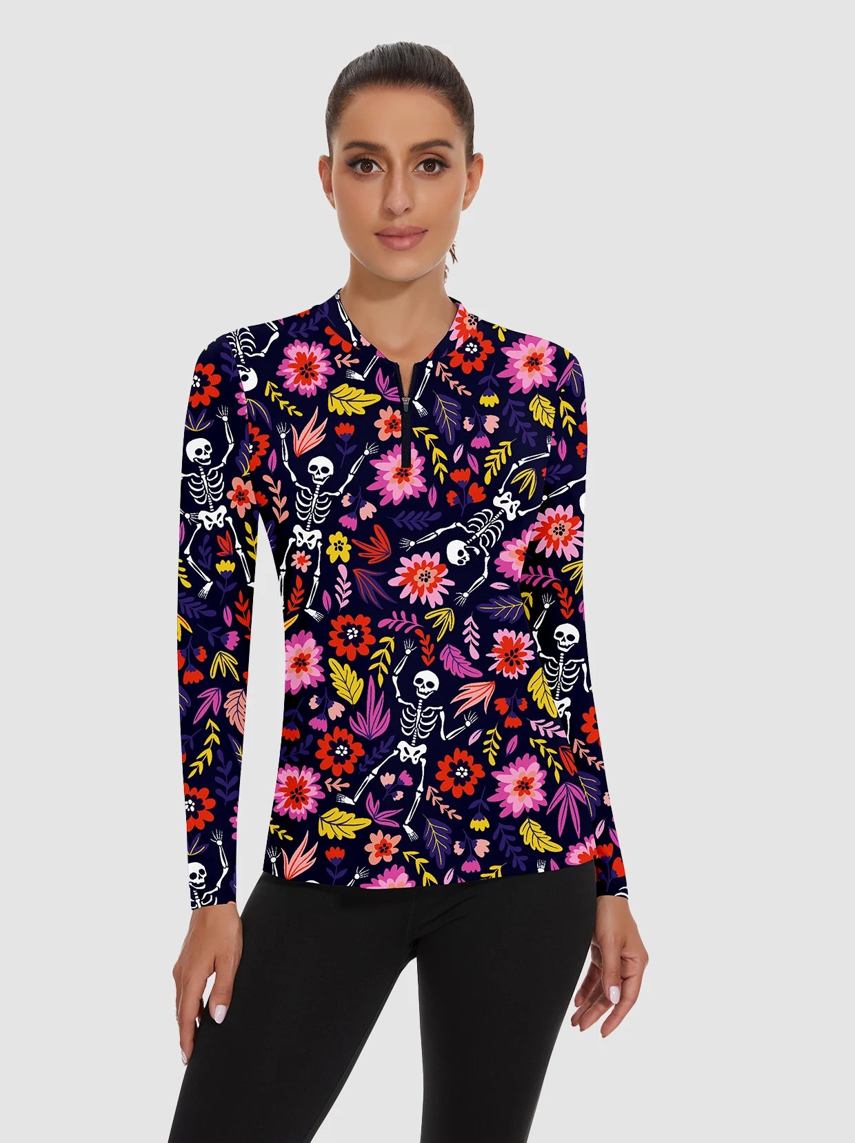 Skeleton and Floral Quarter-Zip Long-sleeve Shirt for Women