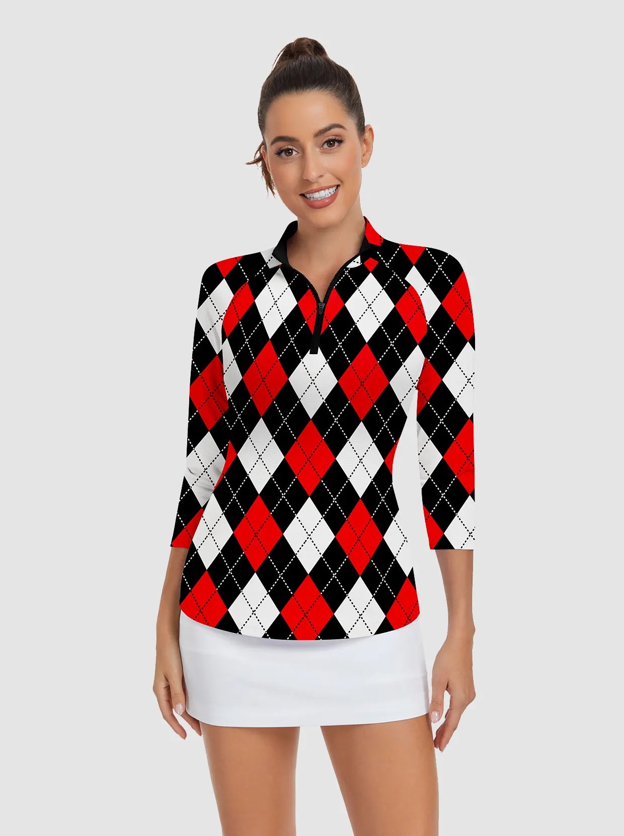 Red and Black Checkerboard Quarter-zip 3/4 Sleeve Golf Shirt For Women