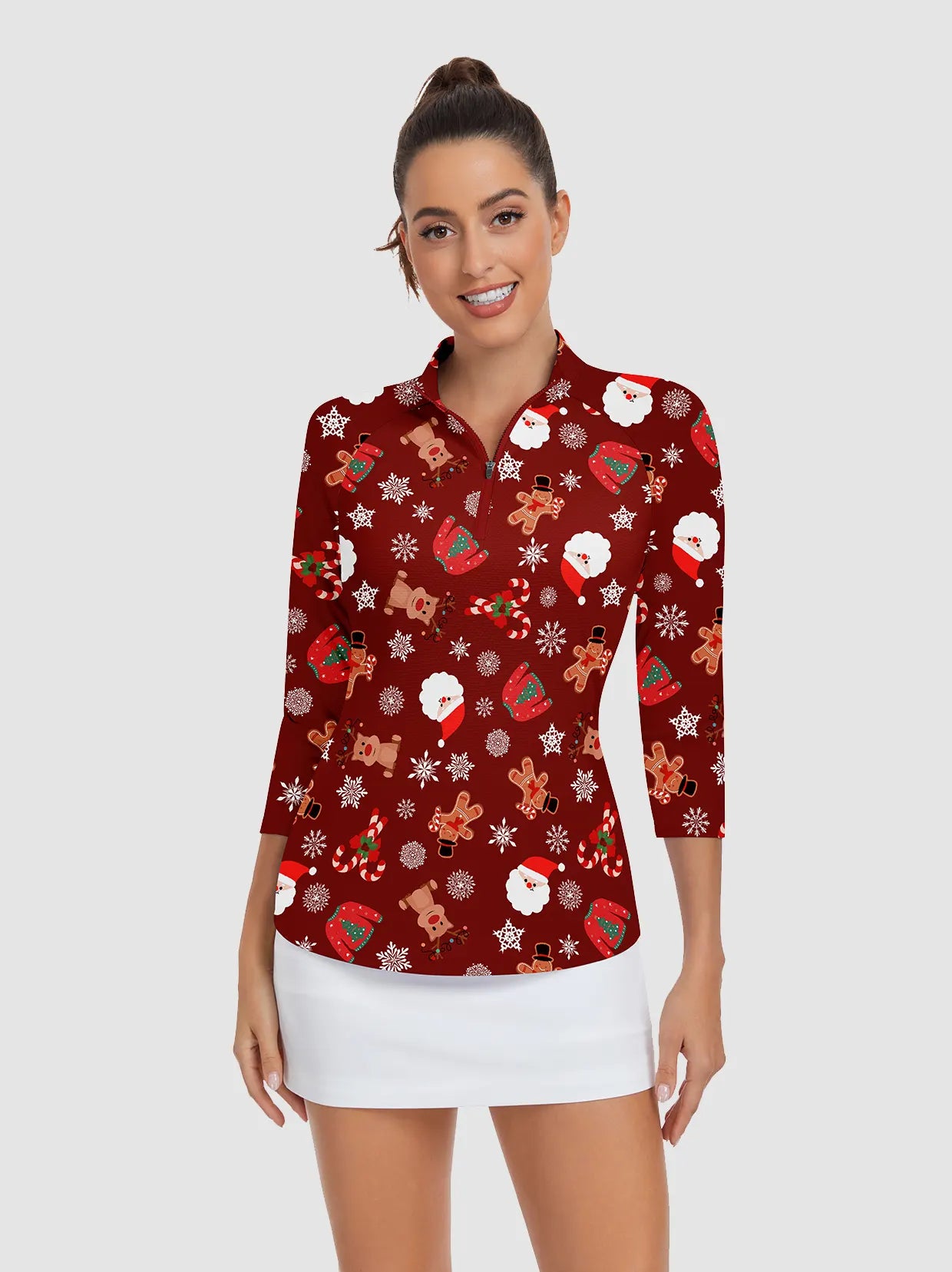 Christmas Elk Snowmen Print Quarter-zip 3/4 Sleeve Shirt For Women