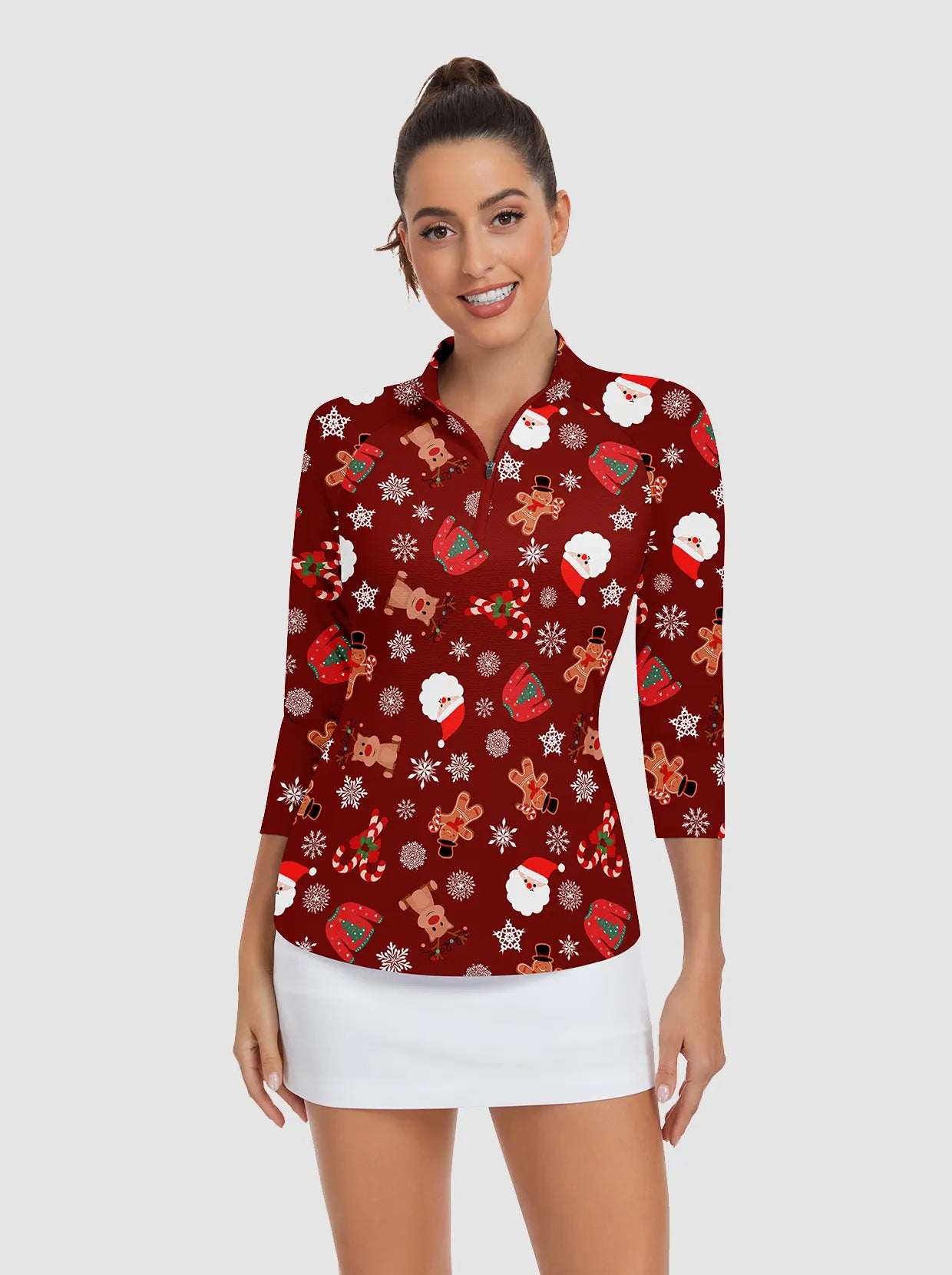 Christmas Elk Snowmen Print  Quarter-zip 3/4 Sleeve Shirt For Women