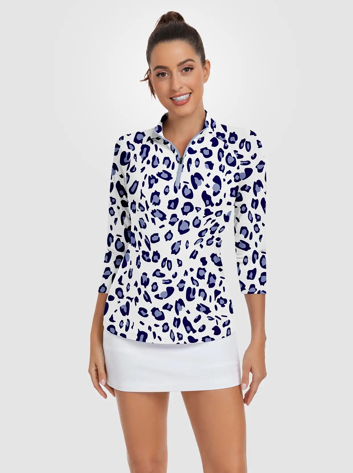 Blue Leopard Quarter-zip 3/4 Sleeve Polo Shirt For Women