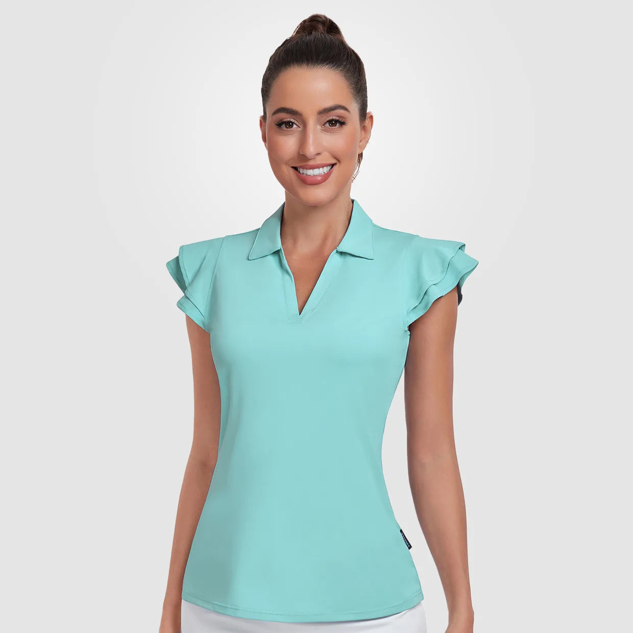 Women's Solid Color V-neck Ruffled Sleeveless Polo Shirt