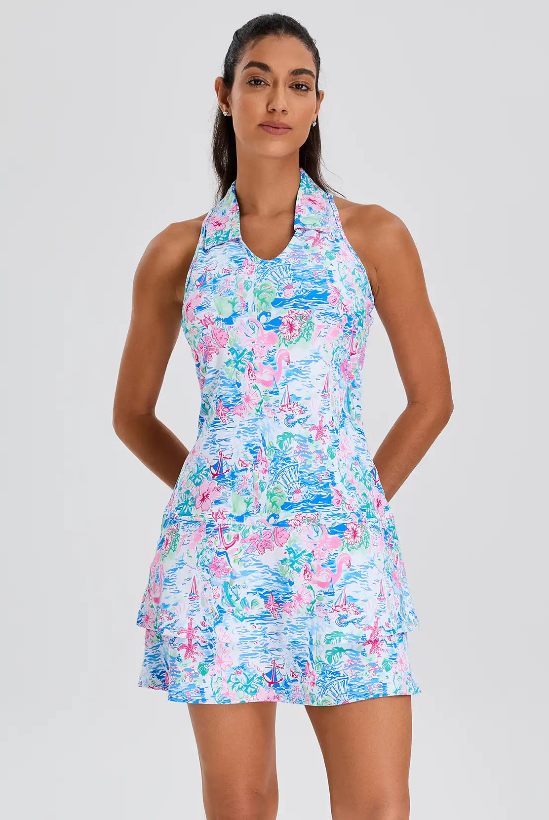 Spring Scenery Print 32" Racerback Sleeveless Dress with Shorts