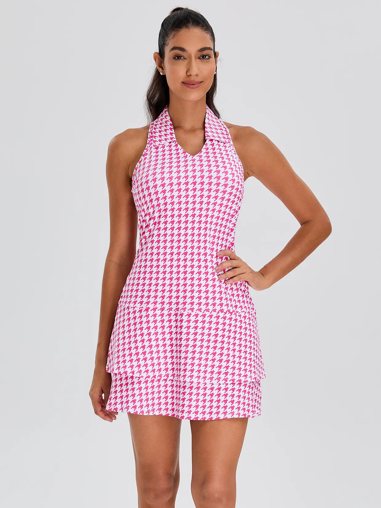 Ladies 32" Pink Houndstooth Racerback Sleeveless Dress
