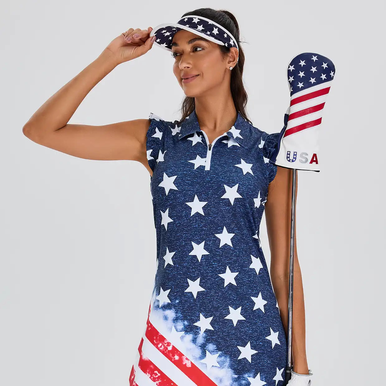 34" White and Red Star Quarter-zip Ruffled Sleeveless Active Dress with Shorts