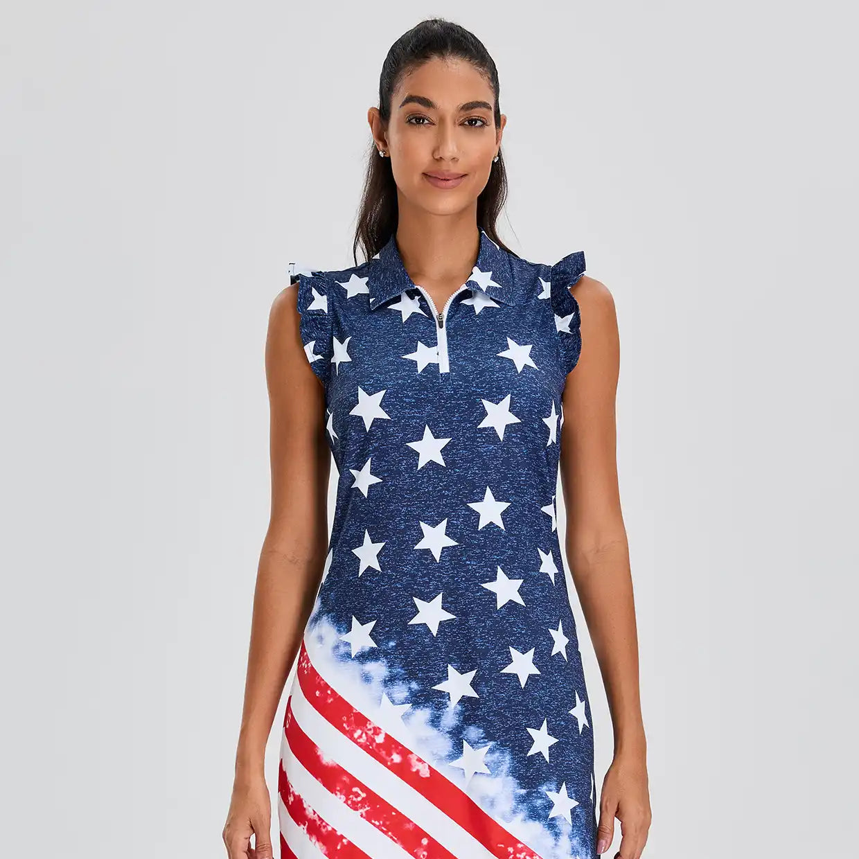 Flag Pattern 34" Ruffled Sleeveless Active Dress With Shorts