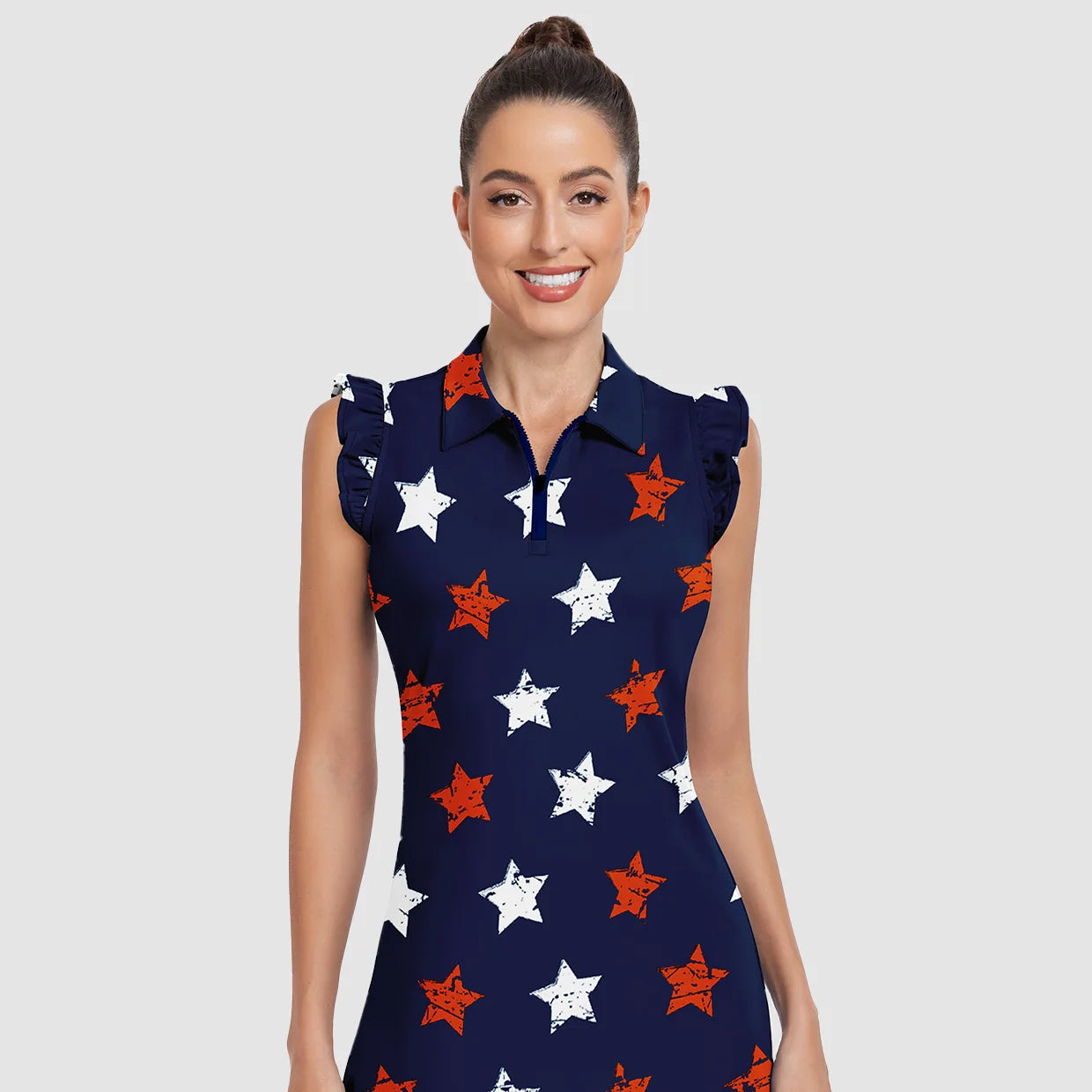 34" White and Red Star Quarter-zip Ruffled Sleeveless Active Dress with Shorts