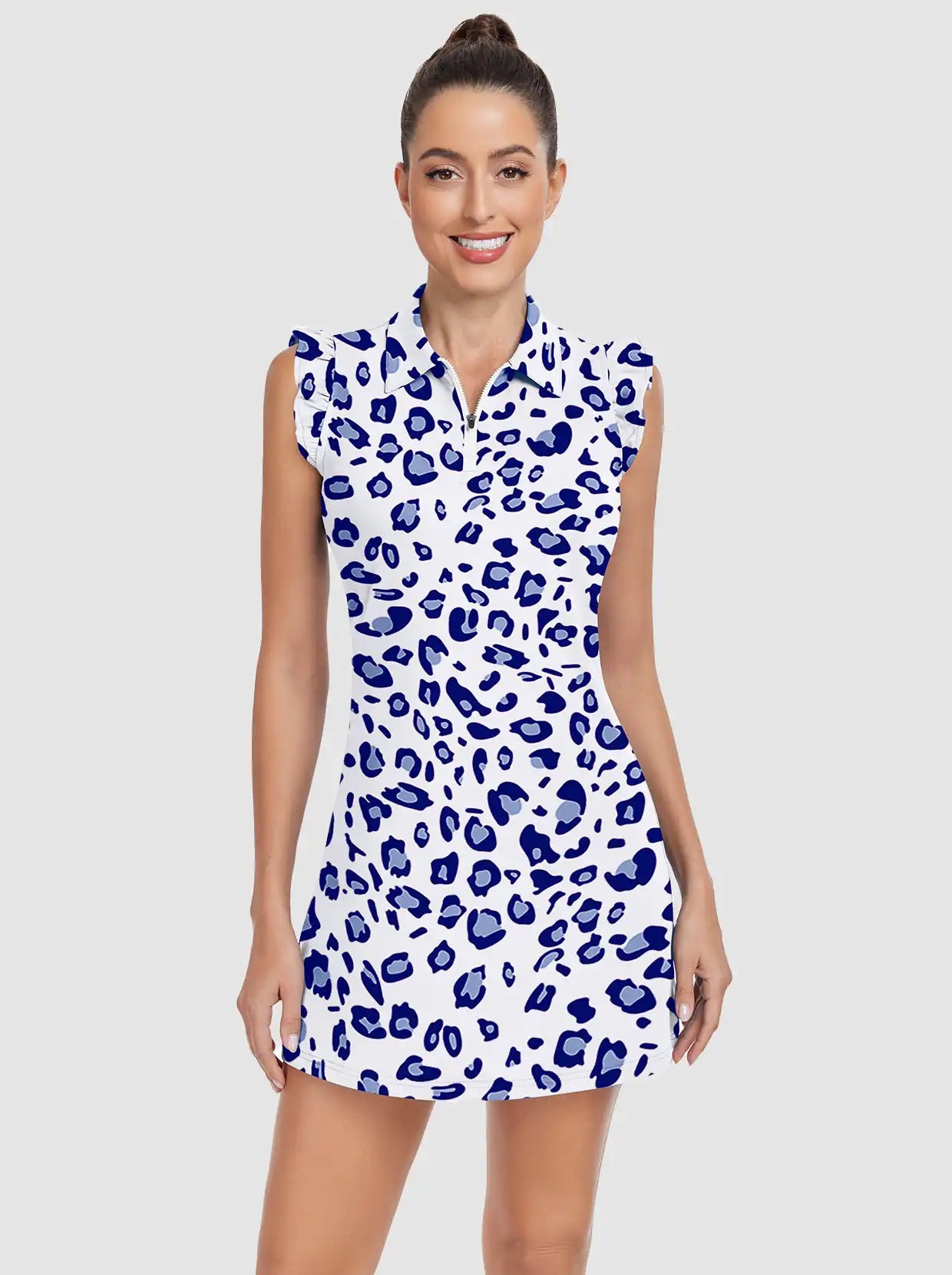 34"Blue Leopard Quarter-zip Ruffled Sleeveless Active Dress