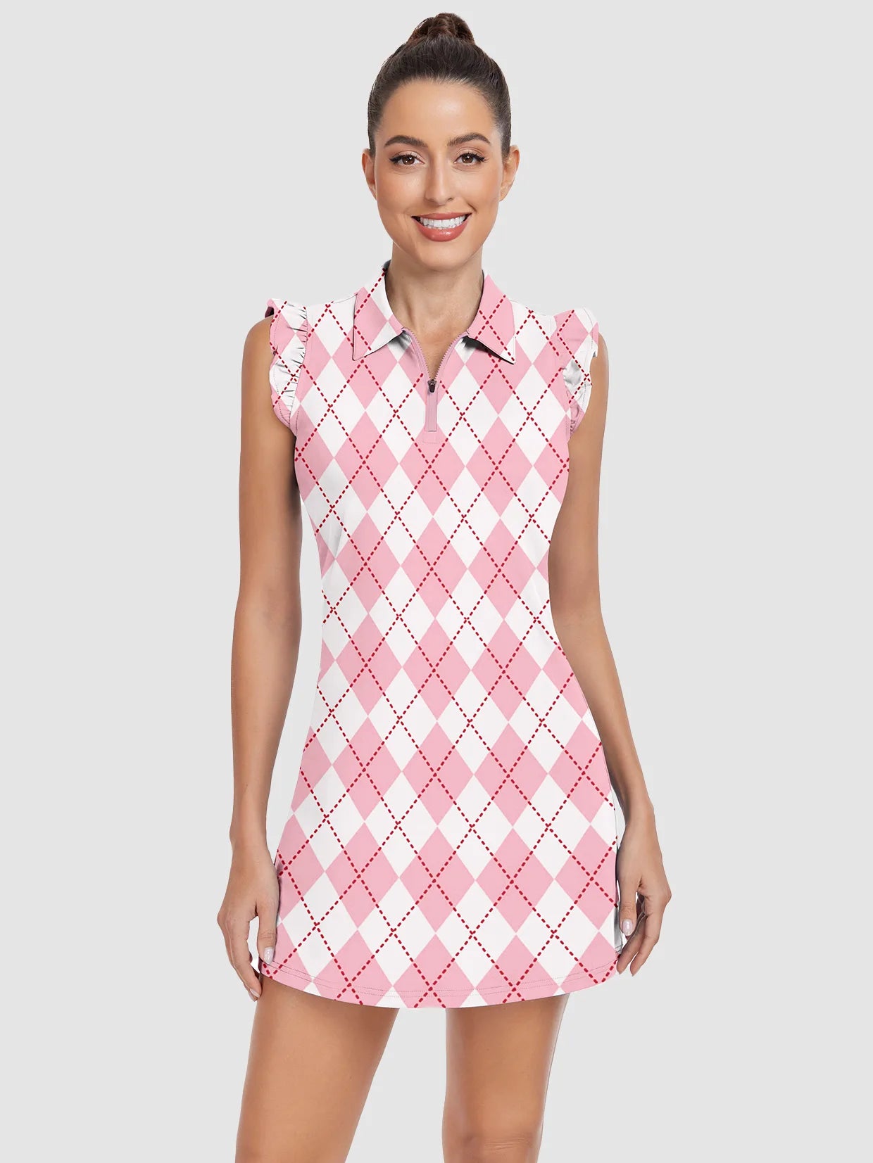 34" Pink Checkerboard Quarter-zip Ruffled Sleeveless Active Dress