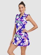34" Colorful Leaves Quarter-zip Ruffled Sleeveless Active Dress