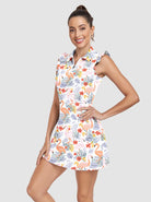 34" Flamingo and Leaf Quarter-zip Ruffled Sleeveless Active Dress