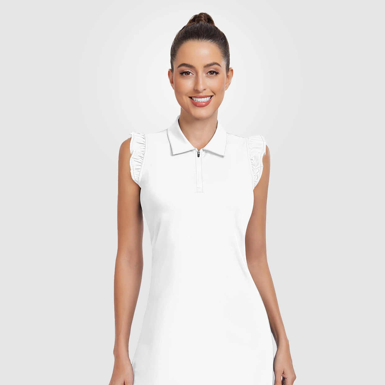 Solid Color 34" Quarter-zip Ruffled Sleeveless Dress with Shorts