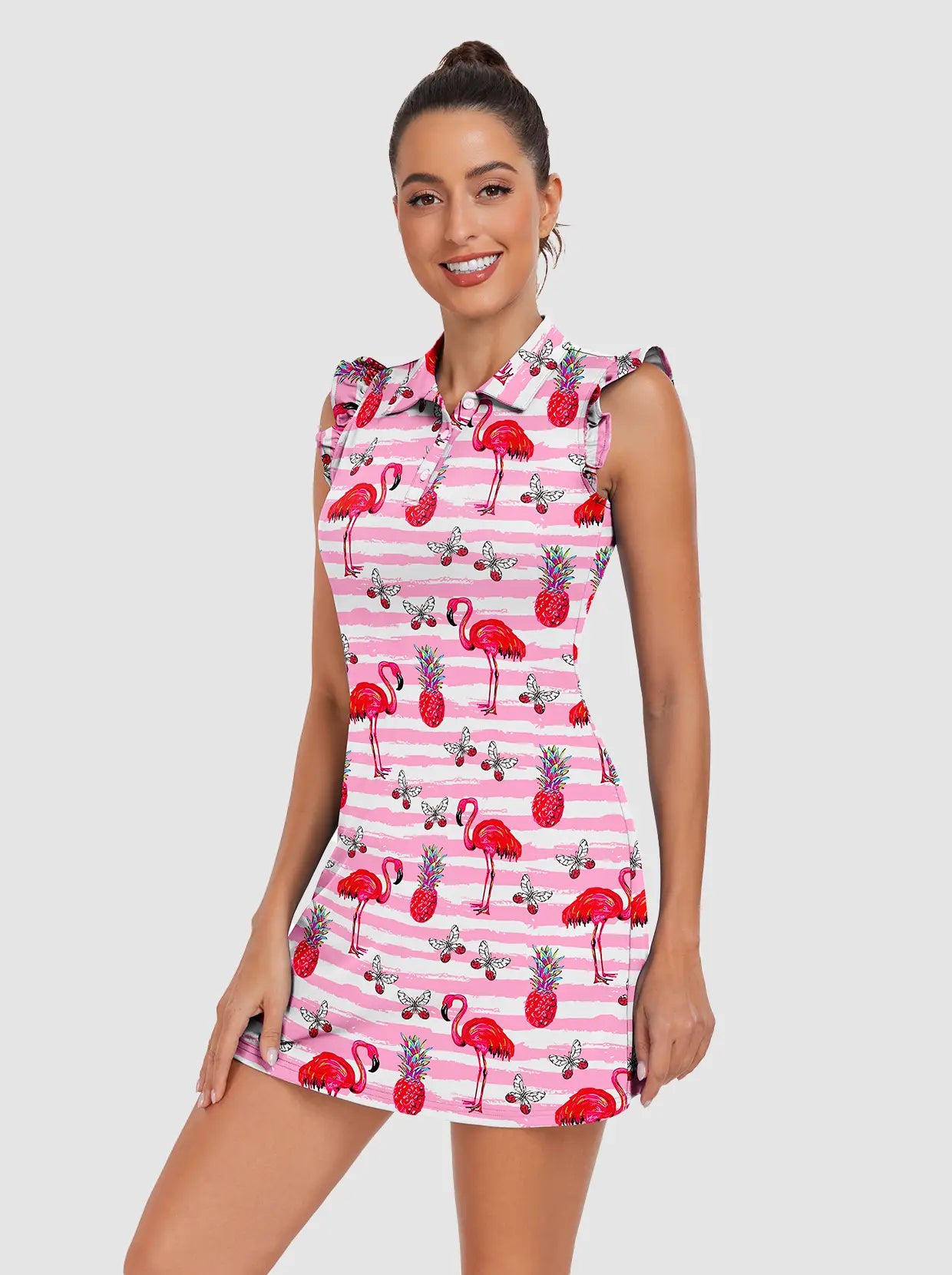 34" Pink Flamingo Button-Placket Ruffled Sleeveless Dress For Women