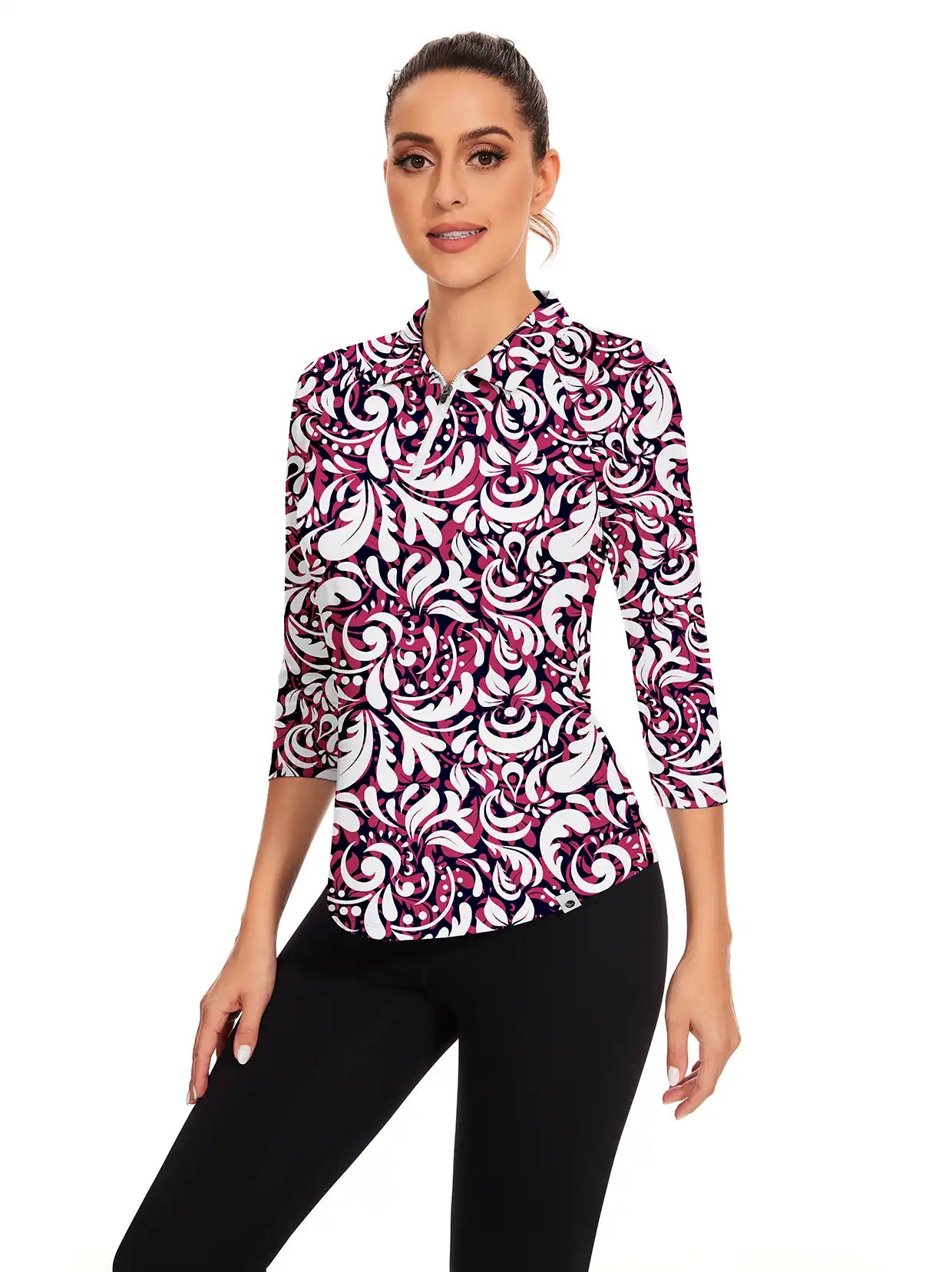 White Print Quarter-zip 3/4 Sleeve Golf Polo Shirt For Women