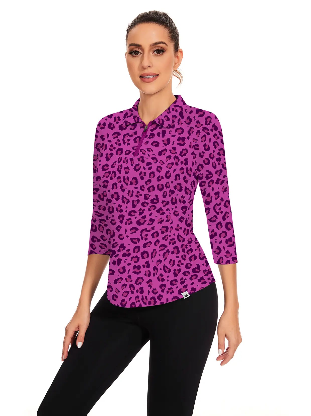 Purple Leopard Quarter-zip 3/4 Sleeve Polo Shirt For Women
