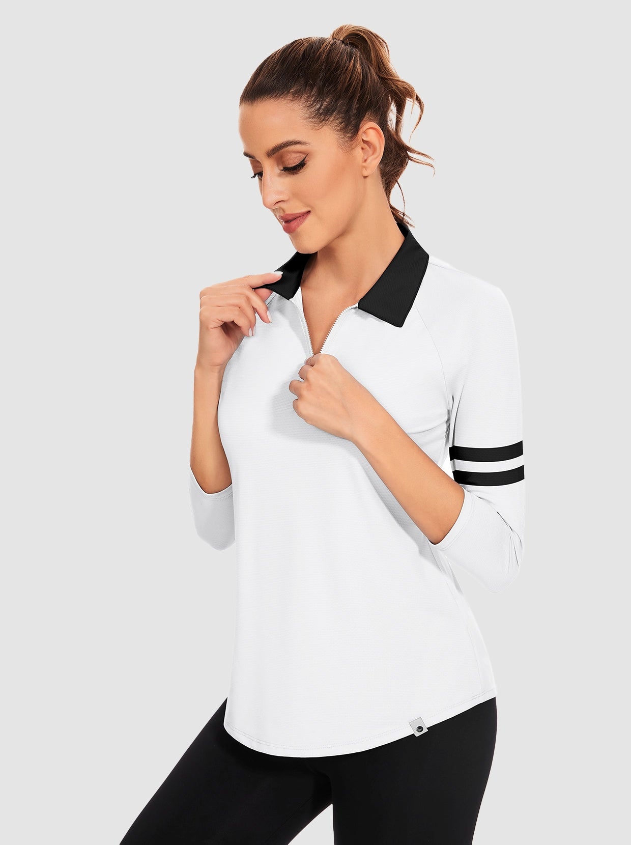 Women's White Quarter-zip 3/4 Sleeve Polo Shirt