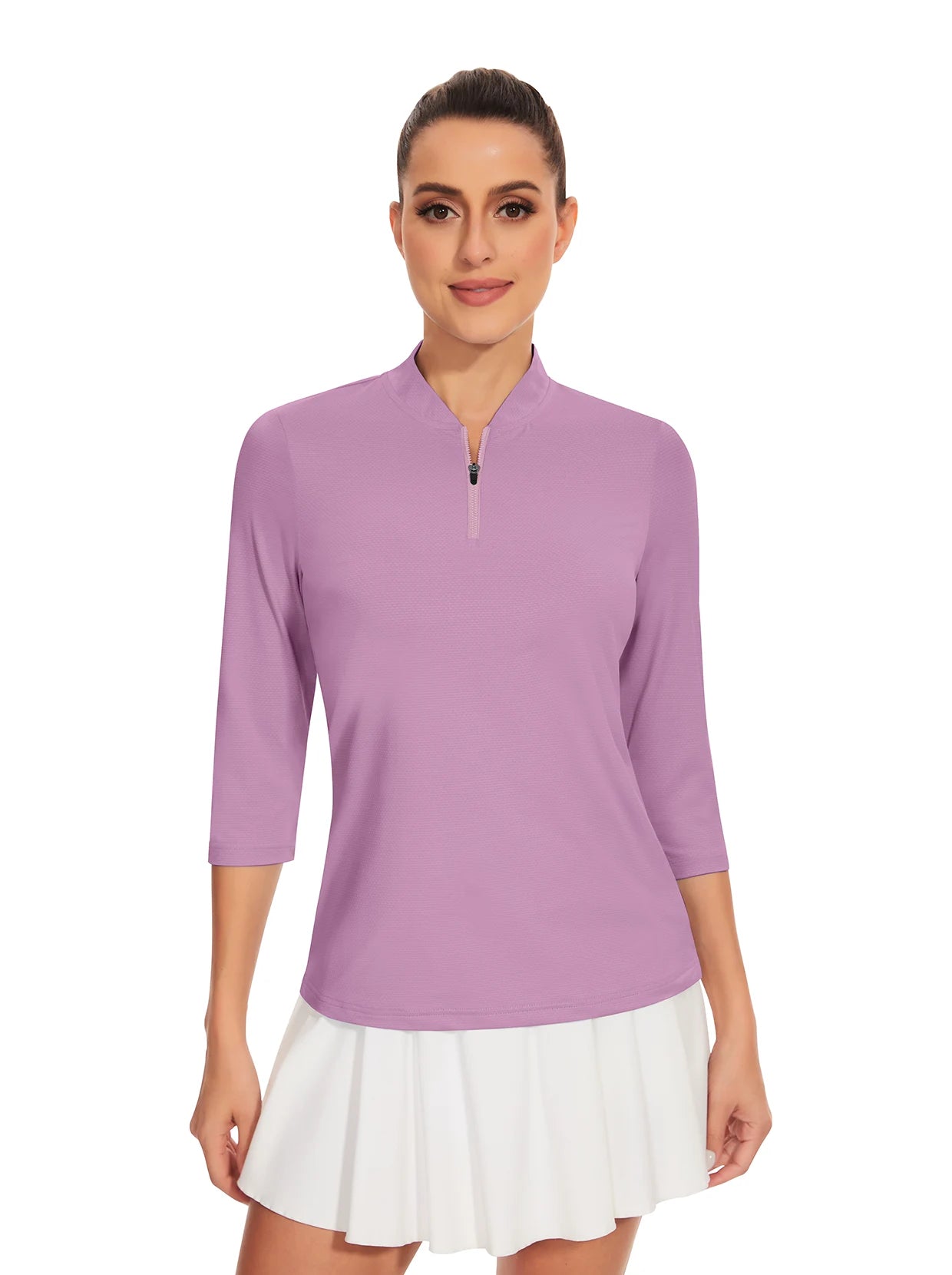 Purple Collarless Quarter-Zip 3/4 Sleeve Shirt for Women