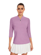 Purple Collarless Quarter-Zip 3/4 Sleeve Shirt for Women