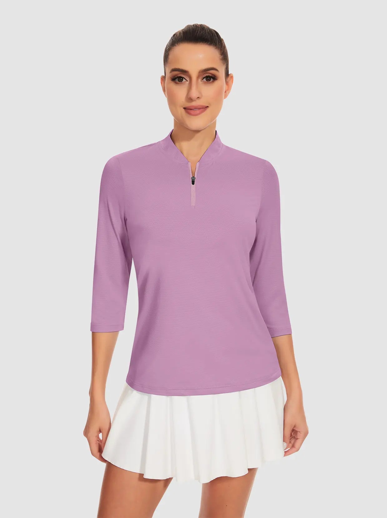 Purple V-neck Quarter-Zip 3/4 Sleeve Shirt for Women