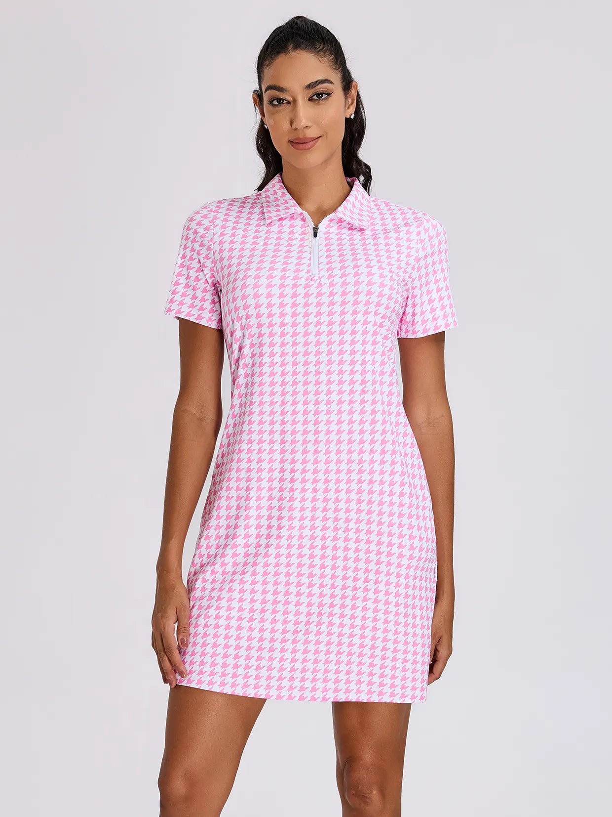 Pink Houndstooth 33" Zipper Short-Sleeve Polo Dress With Inner Shorts