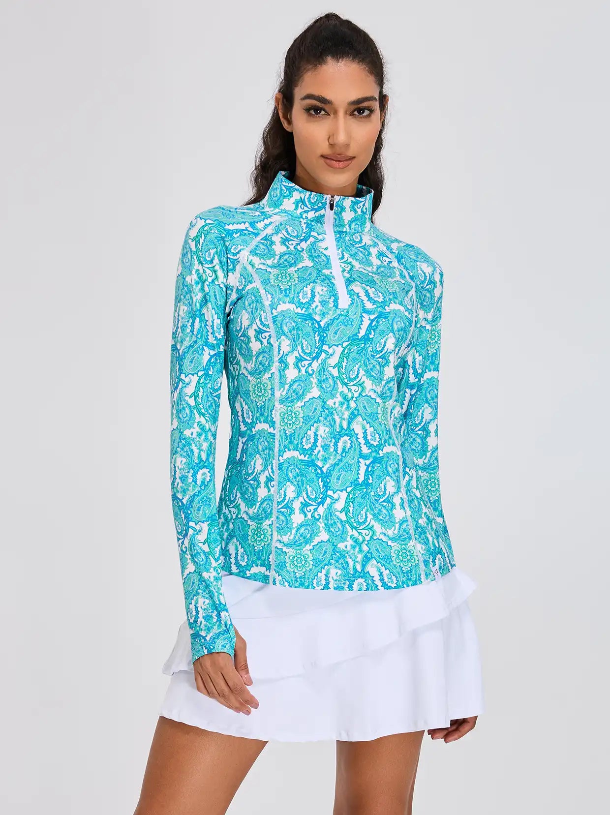 Ladies Green Paisley Quarter-zip Long-sleeve Shirt with Pockets